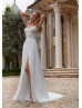 Beaded Ivory Lace Chiffon Slit Airy Wedding Dress